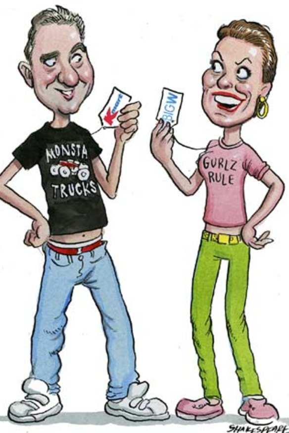 Fashion platters … Guy Russo and Julie Coates in their budget threads. <em>Illustration: John Shakespeare</em>