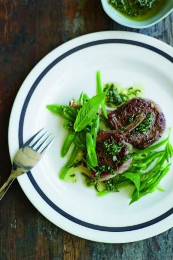 Irresistible: Pete Evans' lamb cutlets with mint sauce and sauteed beans.