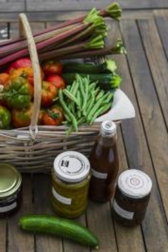Produce with preserves from Michele Barson's organic garden.