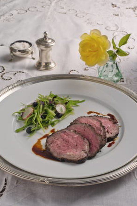 Coffee-rubbed fillet of beef with a green bean salad.
