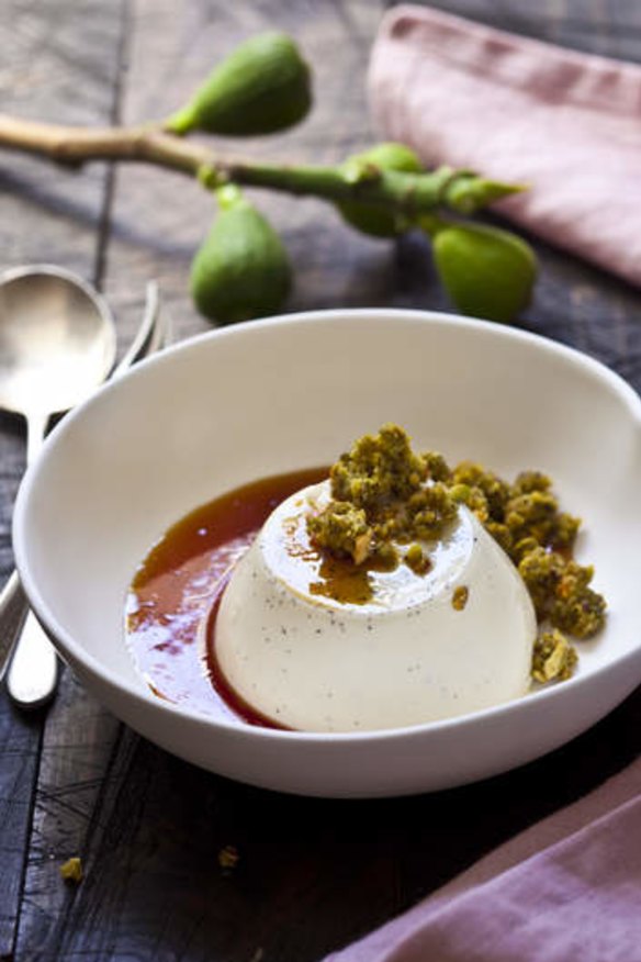 Vanilla and fig-leaf panna cotta with scorched lemon syrup.