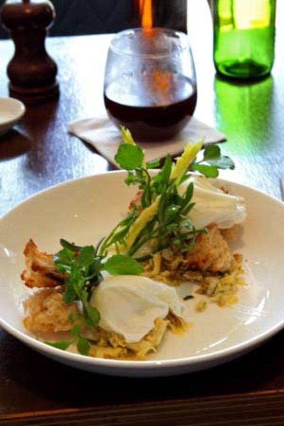 Poached smoked eggs  with green olive and artichoke tapenade, watercress, native purslane, celery & giant croutons.
