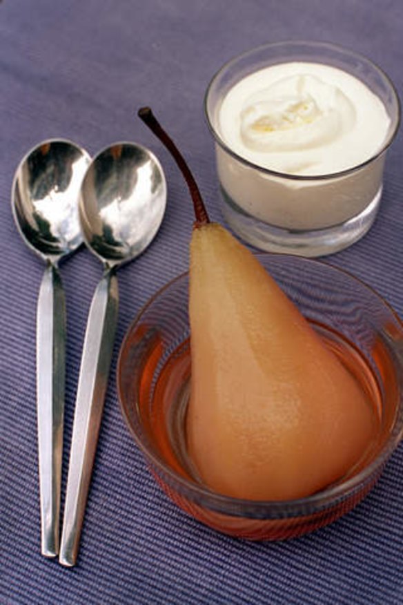 Beurre bosc pear in syrup with cream.