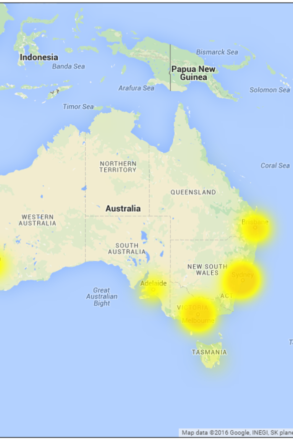 A map of areas affected by outages on the Australian Telstra network on Tuesday.