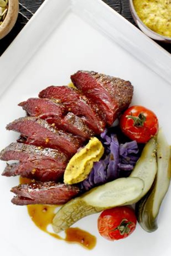 Soft and lightly smoky ... hot-spiced pastrami with smoked tomatoes, pickles and mustard.
