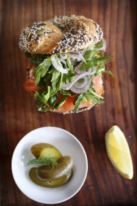 Recommended: Smoked Lox, onion, capers, rocket and cream cheese on a seeds and spices bagel.