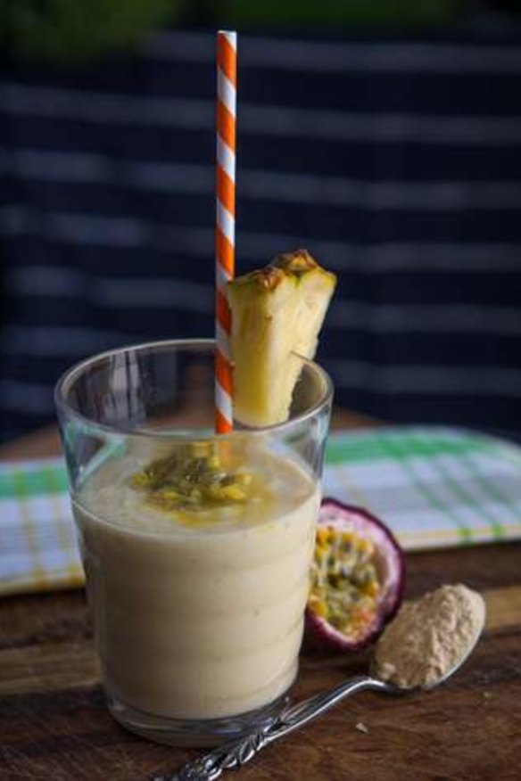 Pineapple, passionfruit and maca powder smoothie.