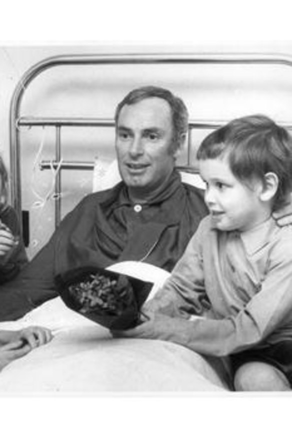 Hey Dad … Bruce Gyngell in hospital in 1970 with children, from left, Briony, 9, Skye, 7, and David, 4.