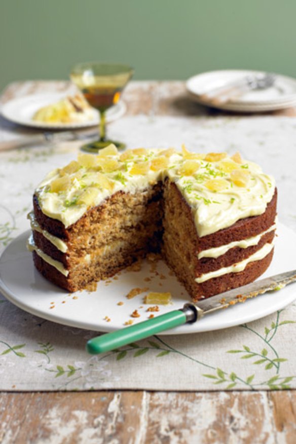 Layer cake with fresh and crystalised ginger, sandwiched with lime cream cheese icing