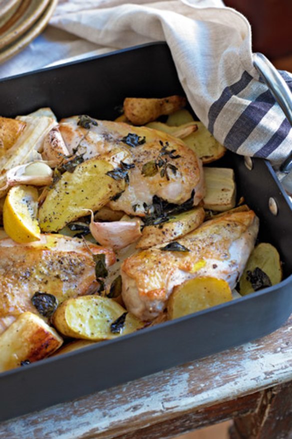 Baked chicken with parsnip and potato.