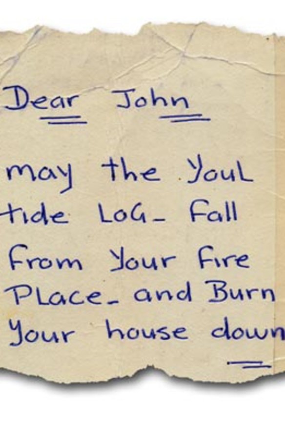 Not your average friend: Words from a Christmas card (below) that Chopper sent to John Silvester in 1990.
