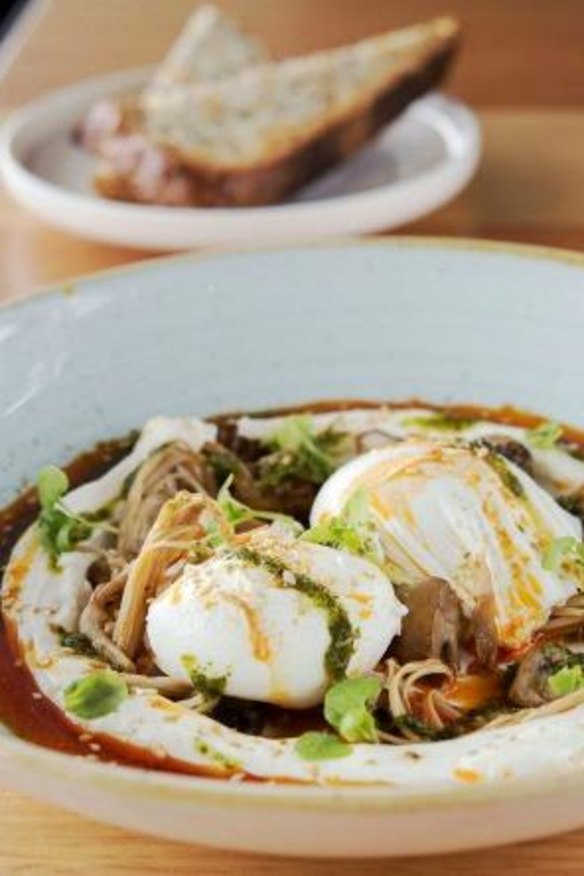 Turkish poached eggs come with "a luscious tangle of enoki mushrooms".