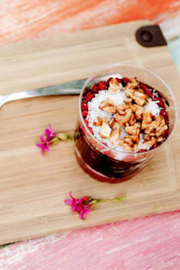 Sweet ending ... Sadhana Kitchen's dark chocolate mousse with berry jam and superfood praline.