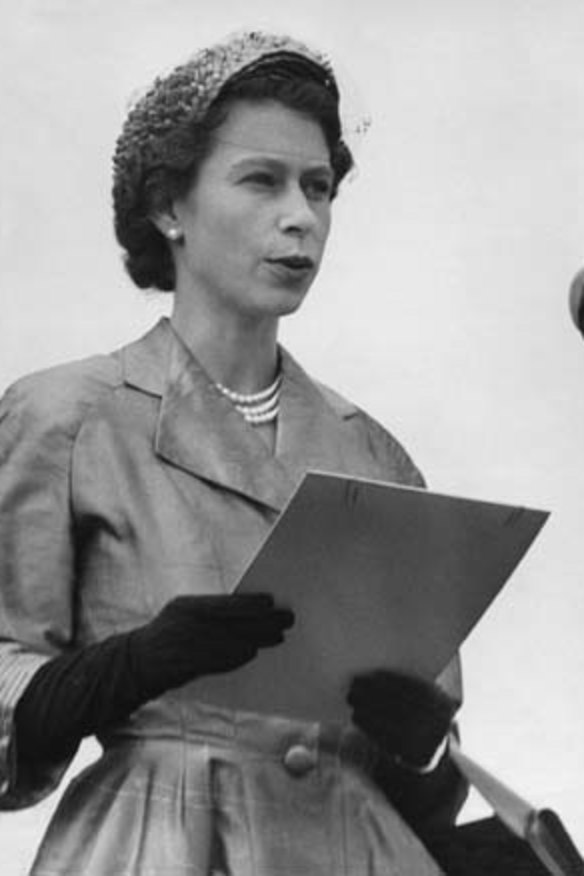 The Queen speaking in Victoria on her visit in 1954.