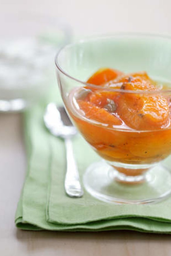 Summer treat: Chilled apricots in syrup with cardamom and orange blossom.