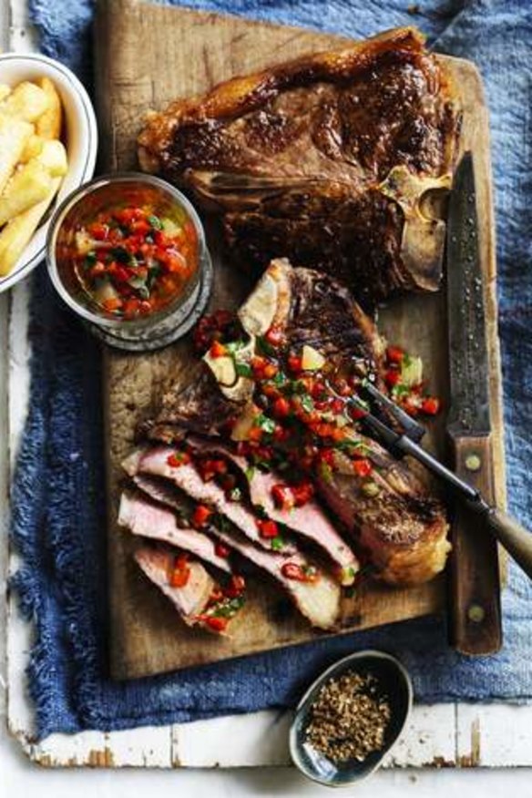 Barbecue T-bone with red pepper and lemon salsa.