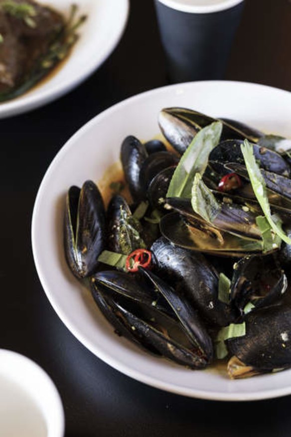 Mussels, curry leaf, coconut cream and red chilli.