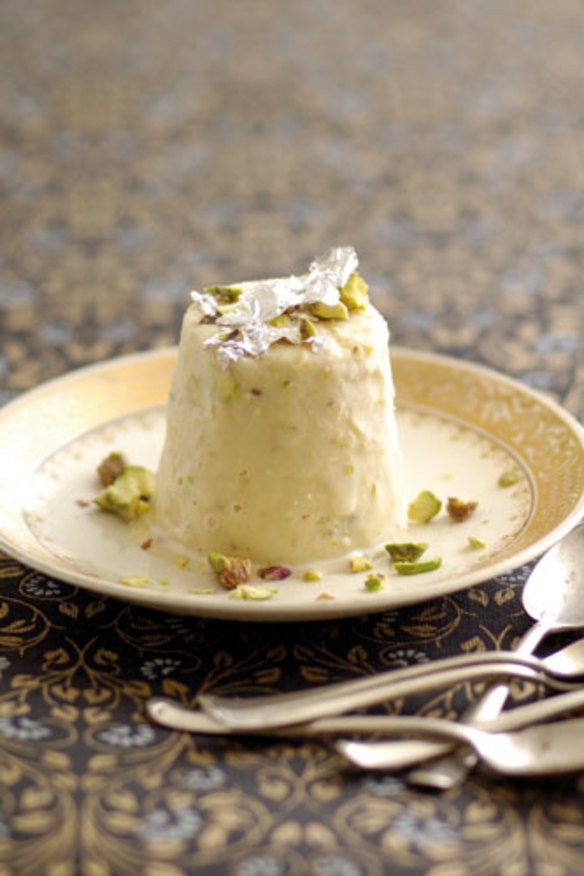 Kulfi garnished with edible silver leaf.