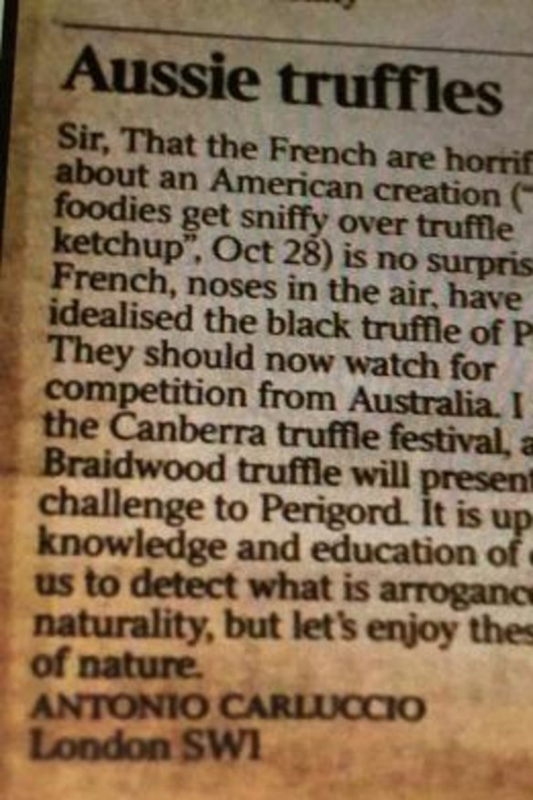 Letter from Antonio Carluccio to <i>The Times</i> of London about Canberra truffles.