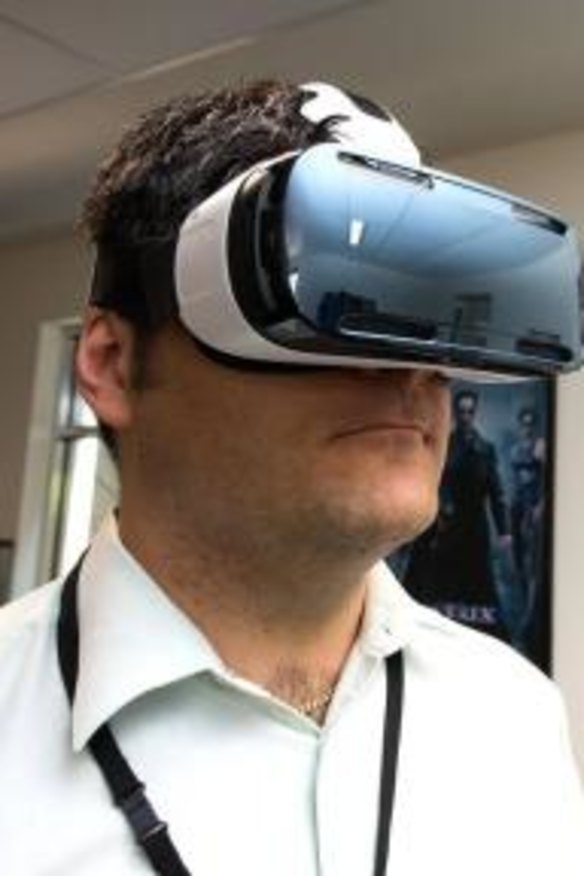 Stefan Pernar wears a Samsung Gear VR headset, with 360Heros GoPro camera rig. 