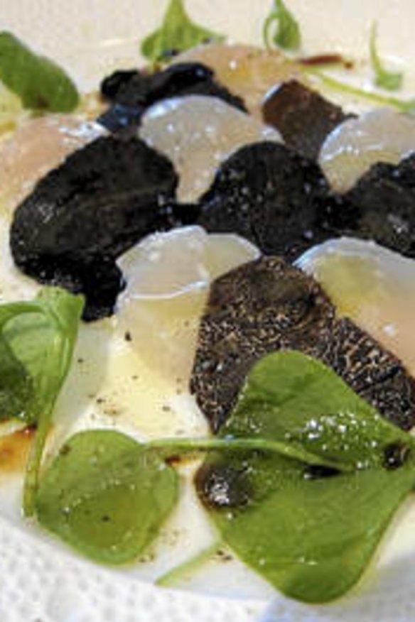 Surf and turf … carpaccio of scallops with truffles at L'Arpege.