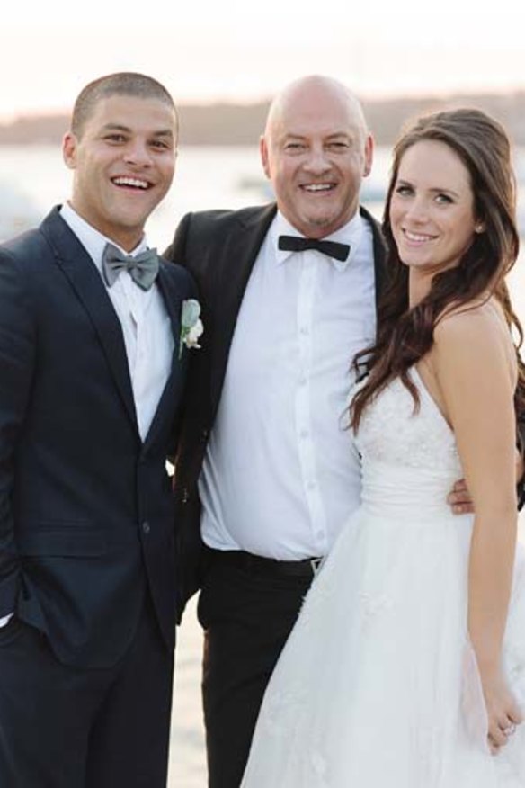 Three suit: Kid Mac, his wife Amy, and Peter Morrissey on their wedding day at Watsons Bay.
