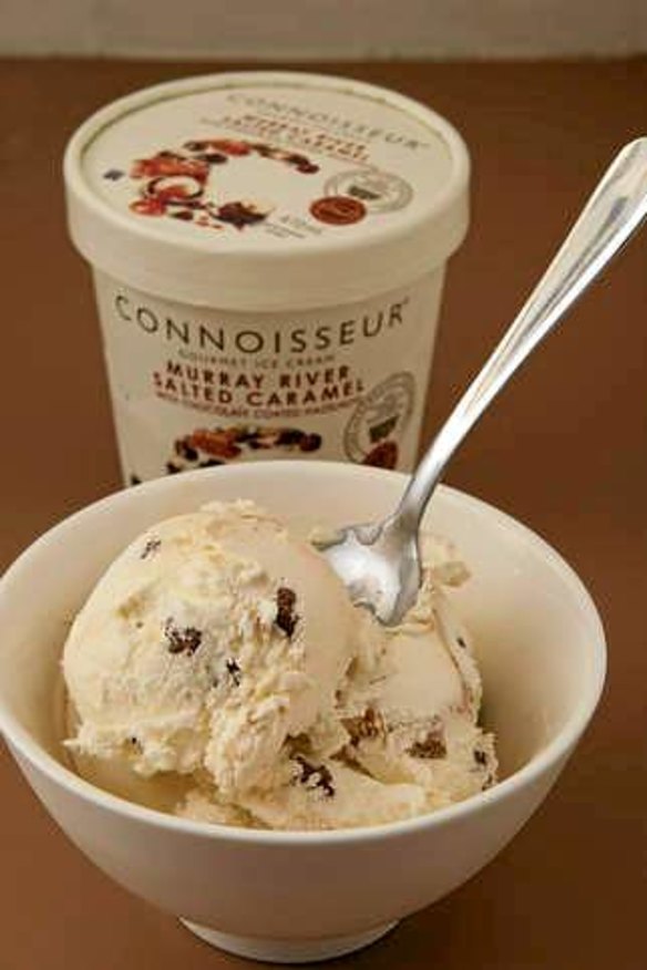 Connoisseur's Murray River salted caramel ice-cream with chocolate-coated hazelnuts.