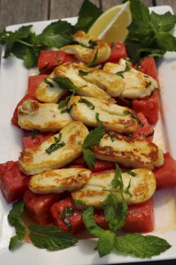 Haloumi with watermelon and mint.