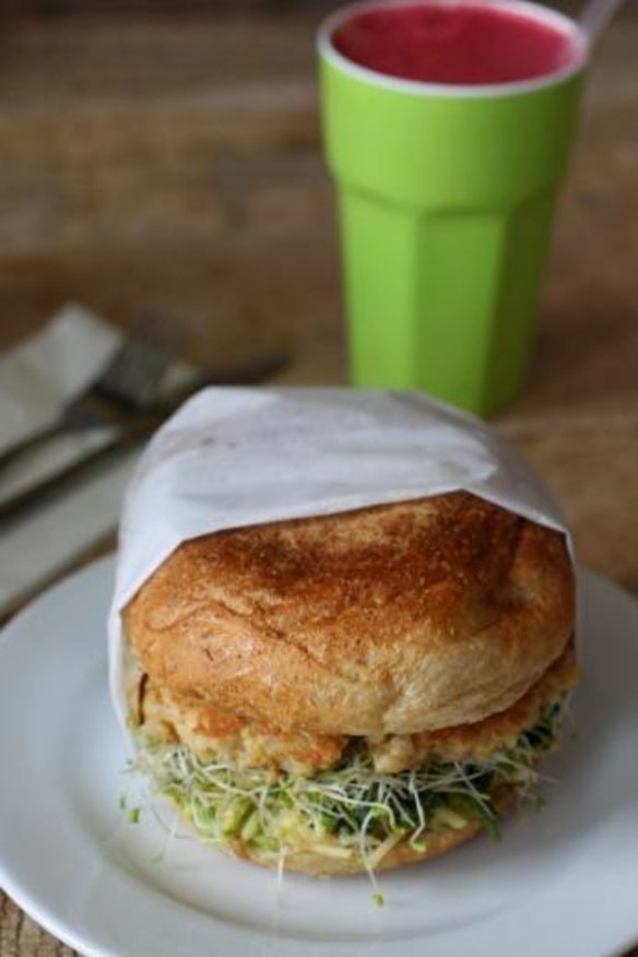 A burger at Pilgrims vegetarian restaurant, Cronulla.