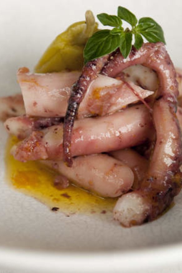 Char-grilled octopus with pickled chilli.