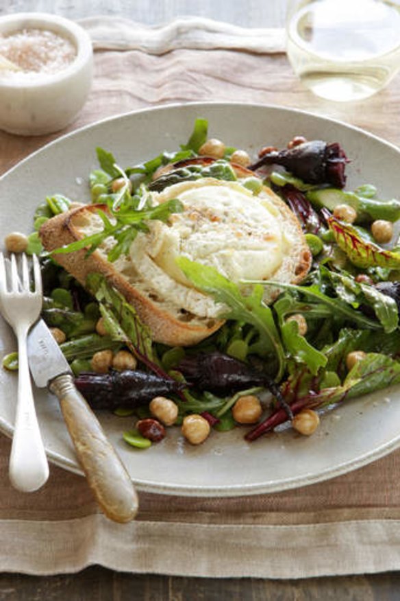 Spring salad: Grilled goat's cheese, roasted beetroot, hazelnuts and broad beans.