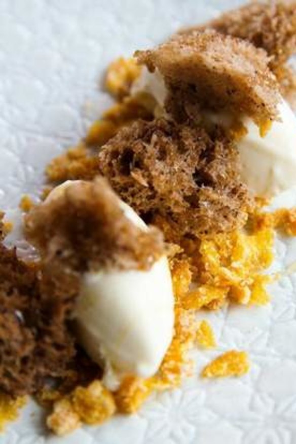 Creamy parsnip ice-cream topped with honey and cornflake crunch.