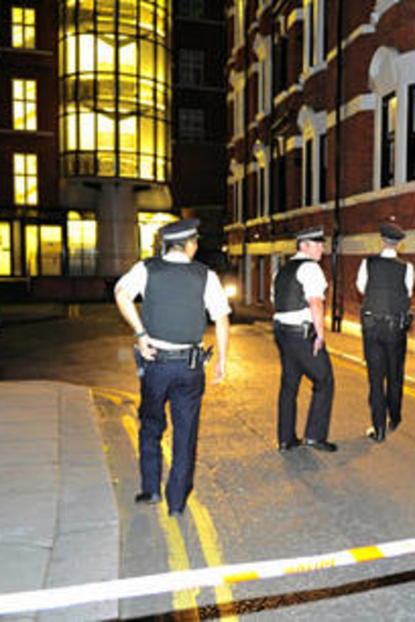 Police outside the Ecuadorian Embassy in London where Julian Assange is seeking political asylum. Photo: Paul Stewart
