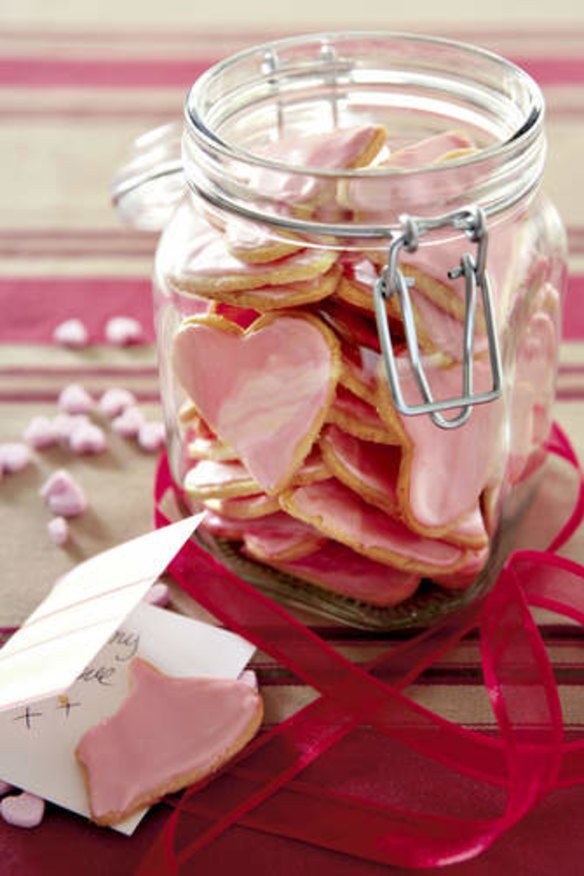 Heart-shaped iced biscuits.