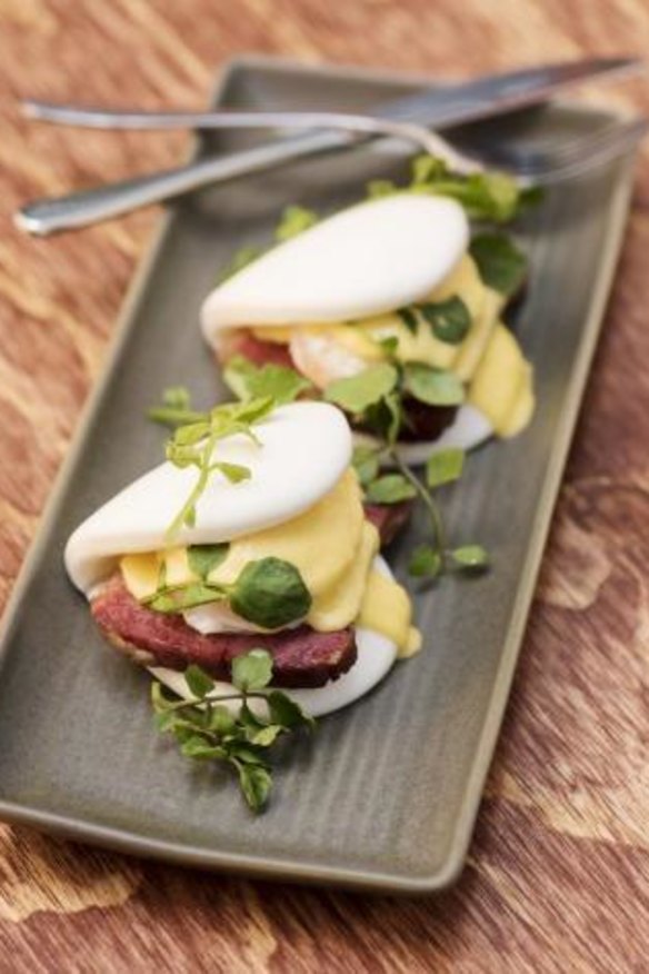 Wagyu corned beef Benedict is served on Chinese lotus buns.