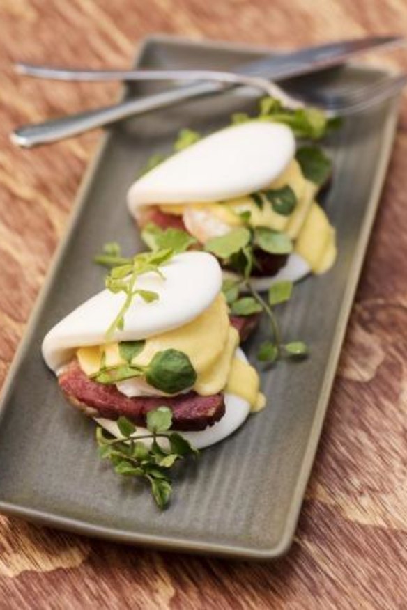 Wagyu corned beef Benedict is served on Chinese lotus buns.