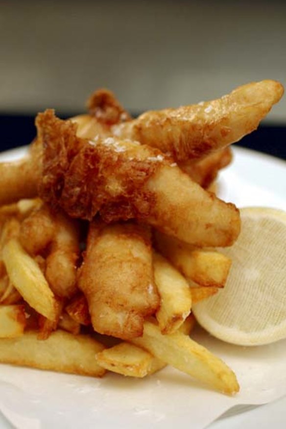 Battered flathead with chips at  Battery  in Surry Hills.