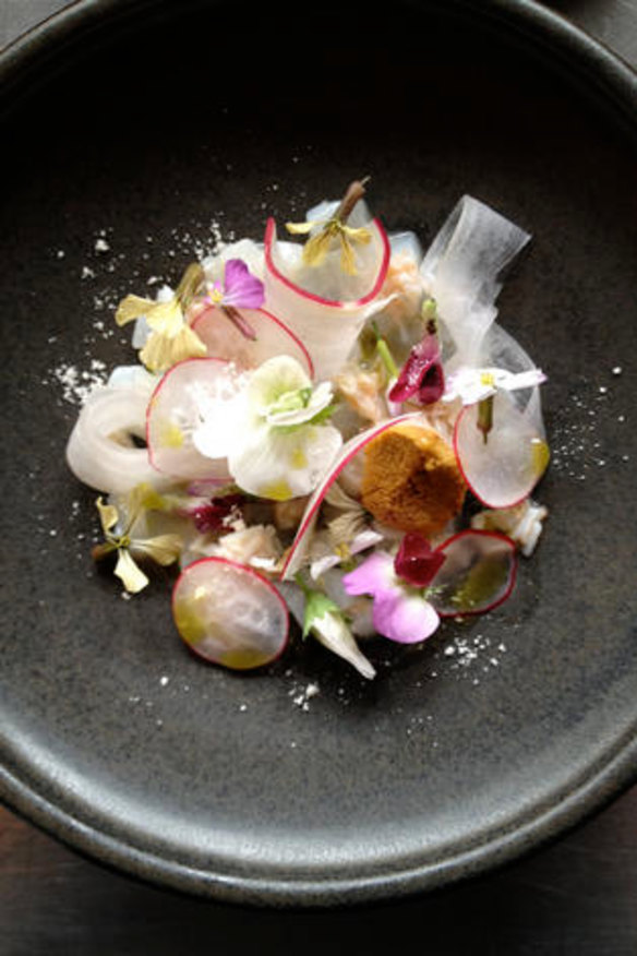 Radish, raw calamari and king crab at Garagistes.