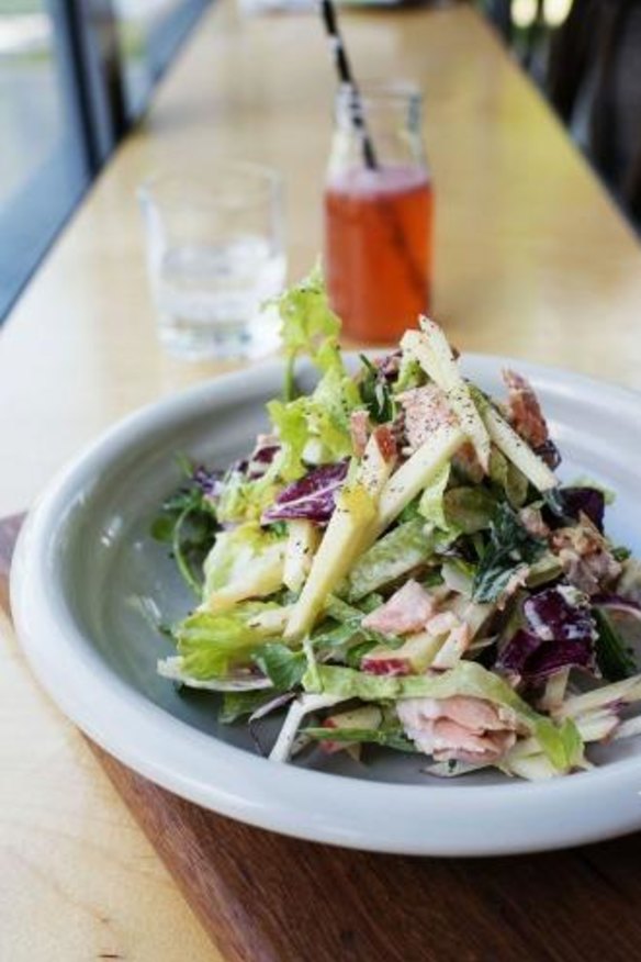 Smoked trout salad with kipfler potatoes, pink lady apples and buttermilk dressing at Halcyon Coffee.