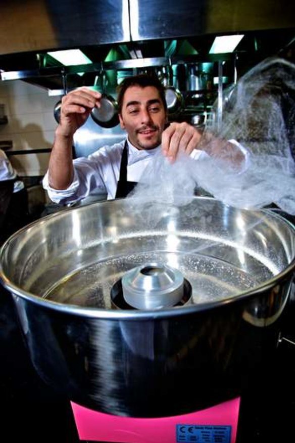Jordi Roca, a dessert chef at  Spanish restaurant El Celler de Can Roca makes cotton candy for a dish while visiting Sydney.