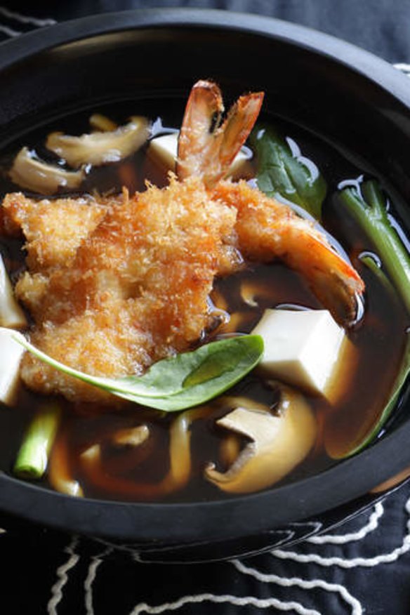 Udon noodle soup with crumbed prawn cutlets.