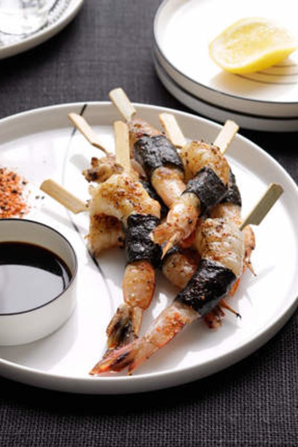 Jill Dupleix's barbecue nori prawns <a href="http://www.goodfood.com.au/good-food/cook/recipe/barbecue-nori-prawns-with-lemon-soy-20111019-29ulv.html"><b>(recipe here).</b></a>