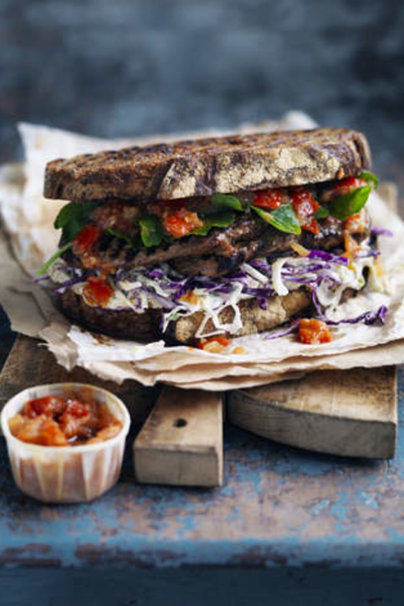 Neil Perry's steak sandwich with coleslaw and tomato chilli relish.