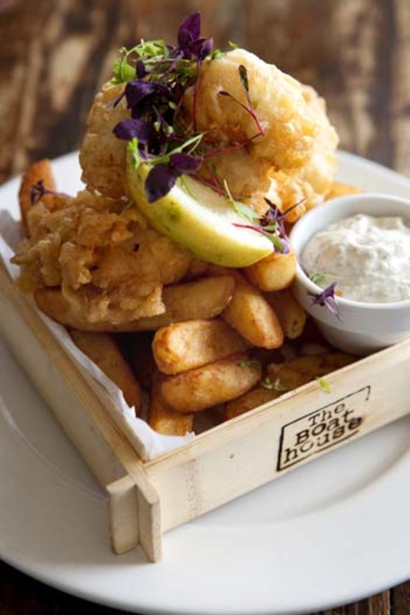 Local beer-battered flathead and chips at the Boathouse Palm Beach.