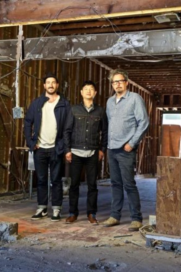 Russell Beard, Ping Jin Ng and Mark Dundon at the site that will become Paramount Coffee Project in Los Angeles.