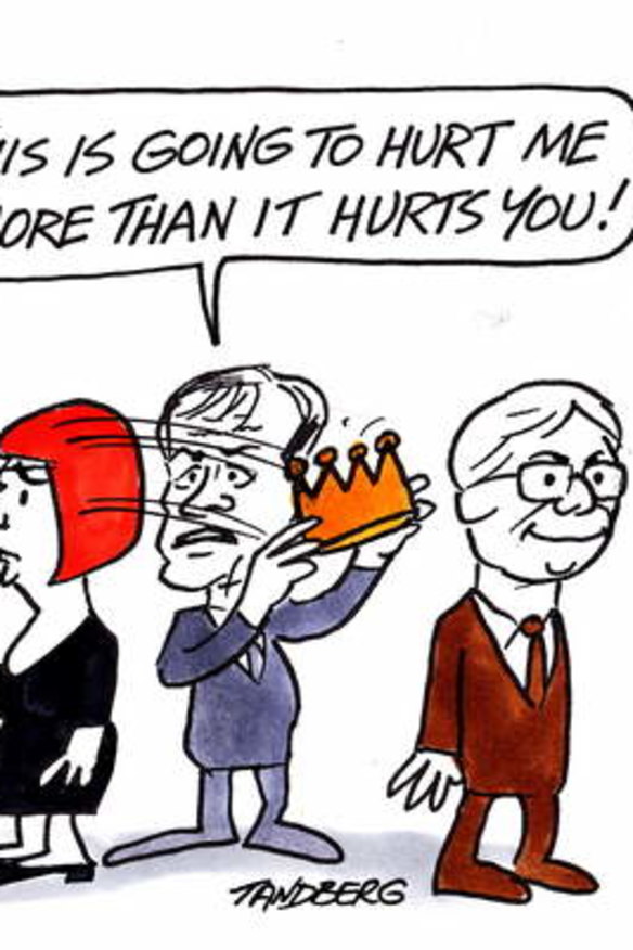 Bill Shorten is taking a crown away from former Prime Minister Julia Gillard and handing it to Prime Minister - elect - Kevin Rudd. Gillard looks upset, Rudd happy. 'This is going to hurt me more than it hurts you!' ALP. Ballot. Leadership. PM.