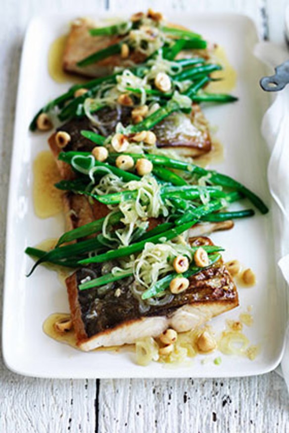 Kingfish with green beans, hazelnuts and brown butter.