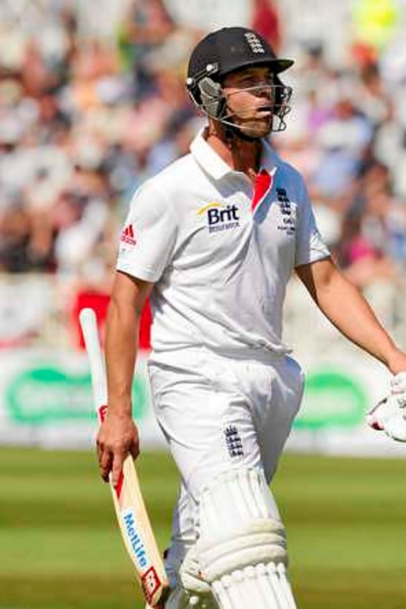 Not happy: Jonathan Trott walks from the pitch.