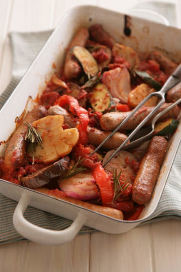 Baked ratatouille with snags.