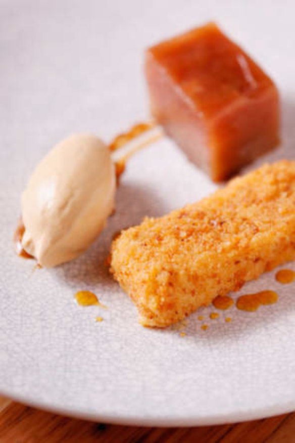 Crumbed, fried whisky custard with caramel ice-cream.